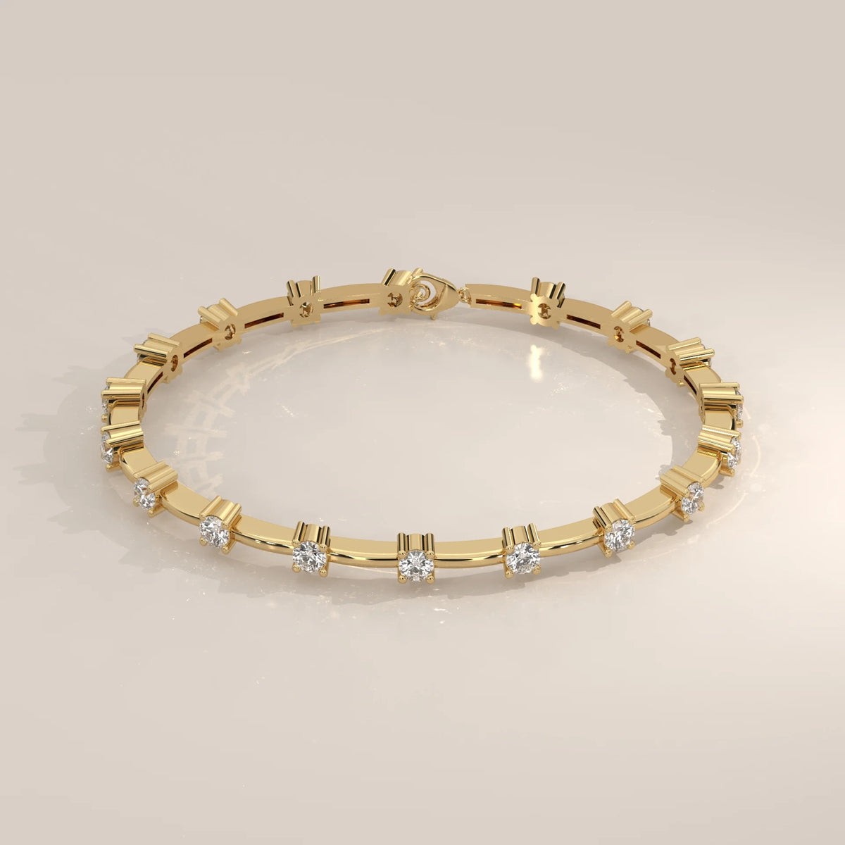 Round Lab Grown Diamond Station Bracelet on Polished Bar Links in yellow gold, shown from the front.