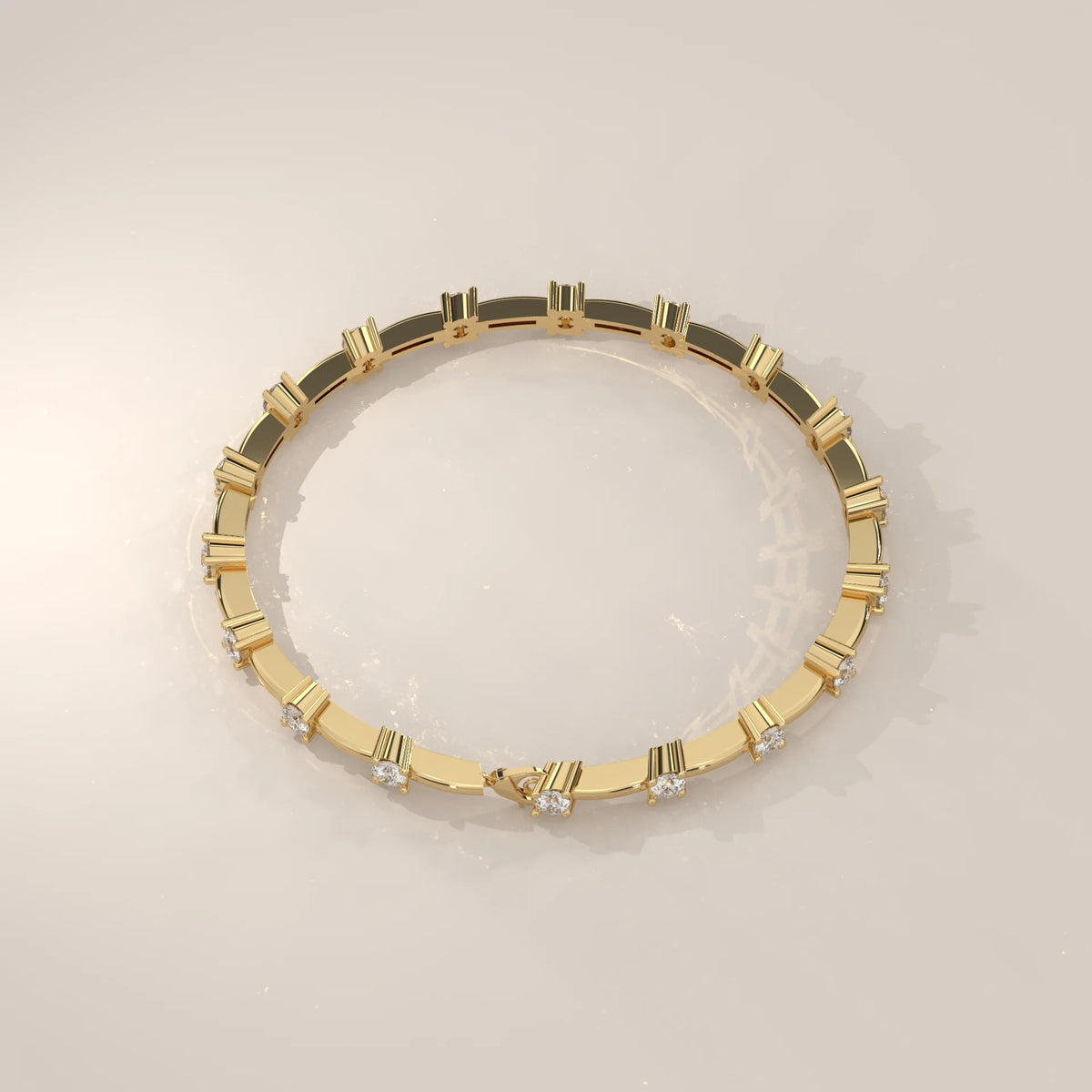 Round Lab Grown Diamond Station Bracelet on Polished Bar Links in yellow gold, product photograph on a plain background.