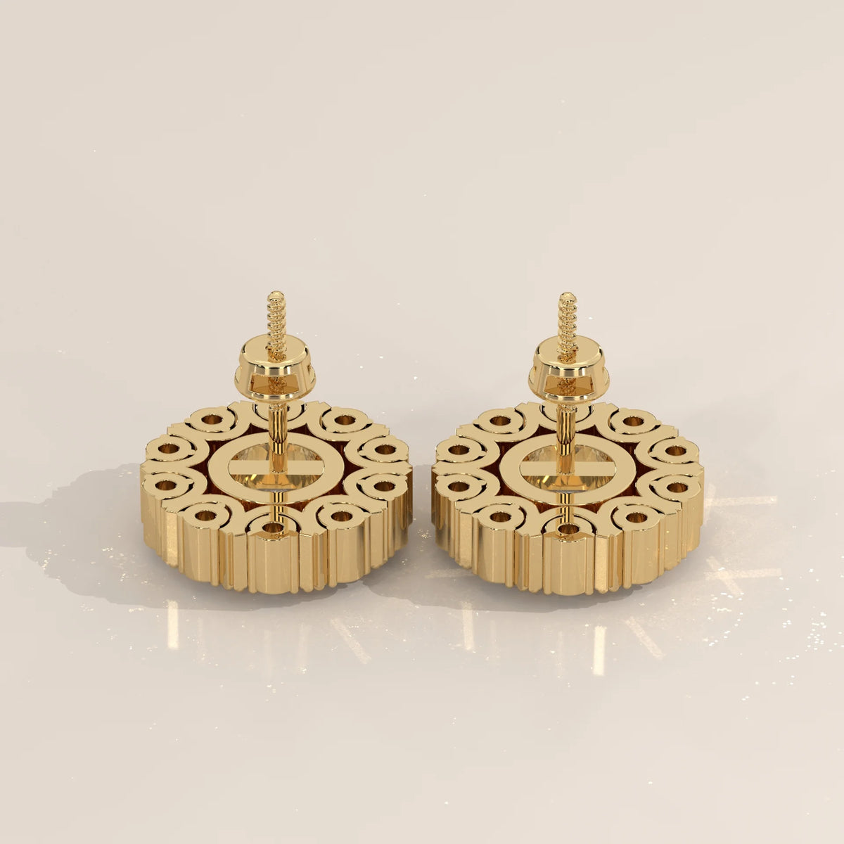 Round Lab Grown Diamond Studs in a Beaded Vintage-Look Halo in yellow gold, shown on a plain background.