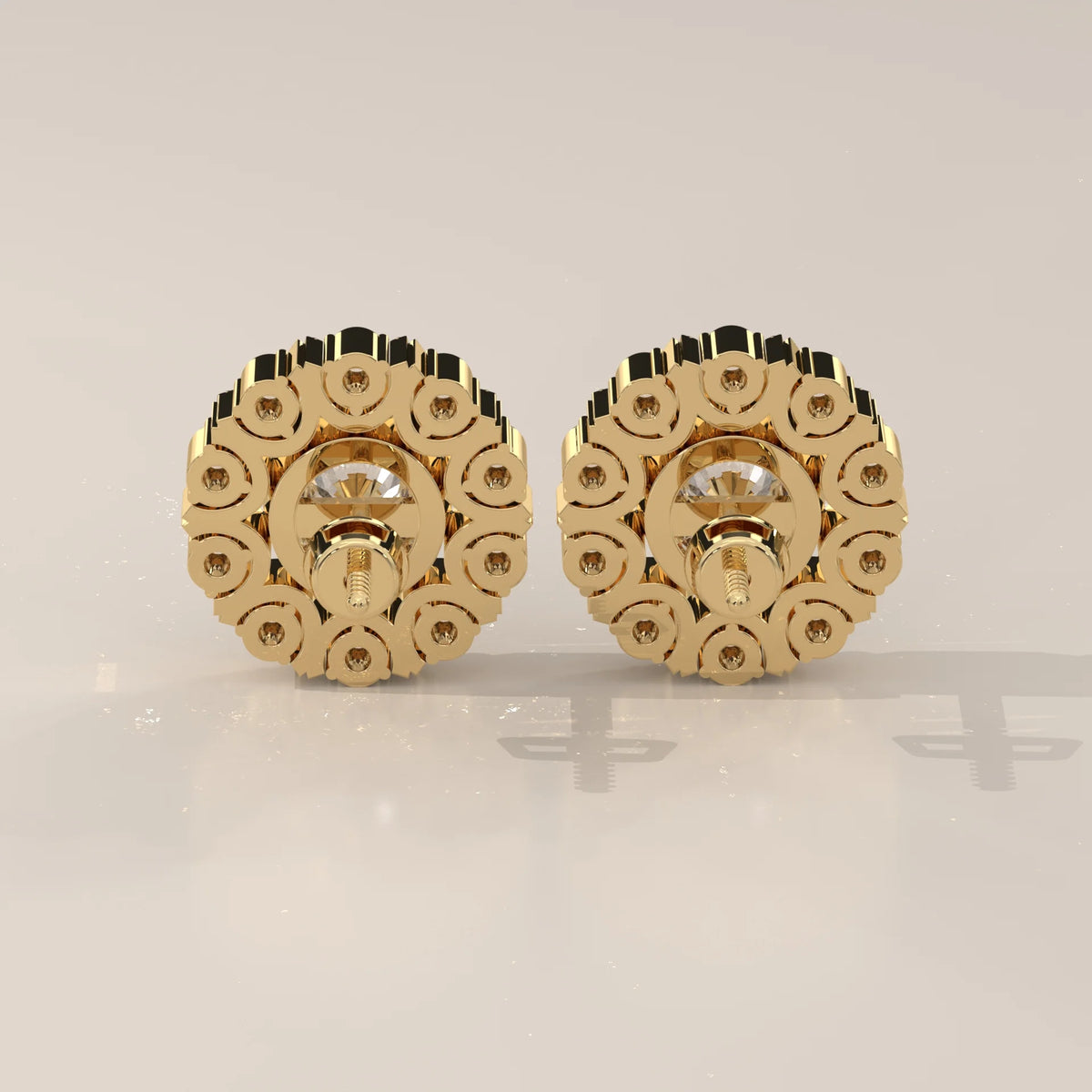 Round Lab Grown Diamond Studs in a Beaded Vintage-Look Halo in yellow gold, photographed head-on.