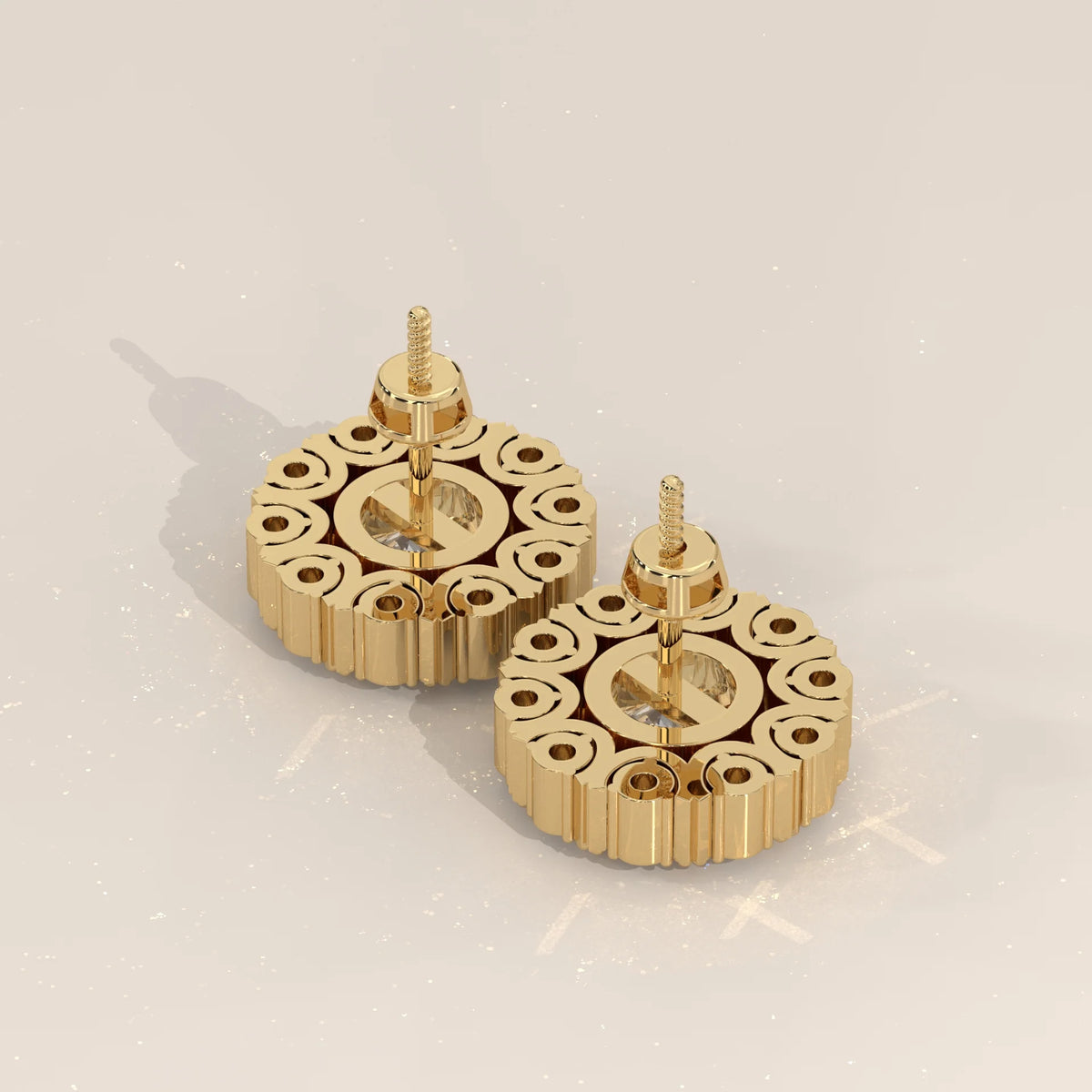 Round Lab Grown Diamond Studs in a Beaded Vintage-Look Halo in yellow gold, shown at an angle.