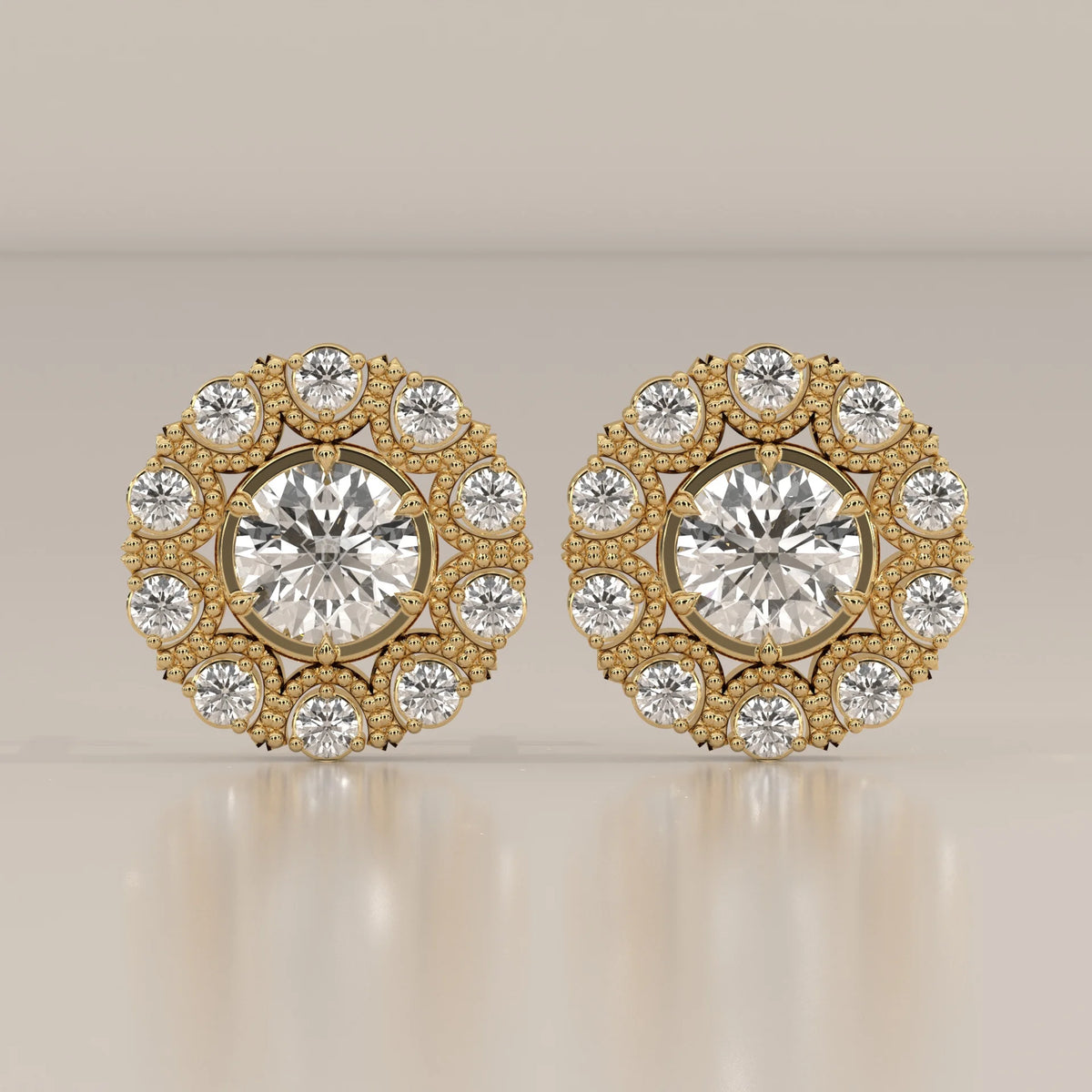 Round Lab Grown Diamond Studs in a Beaded Vintage-Look Halo in yellow gold, shown from the front.