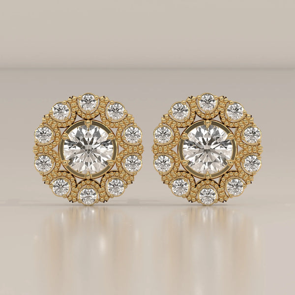 Round Lab Grown Diamond Studs in a Beaded Vintage-Look Halo in yellow gold, shown from the front.