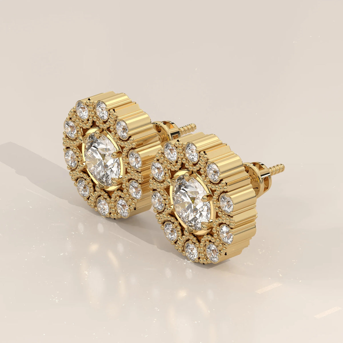 Round Lab Grown Diamond Studs in a Beaded Vintage-Look Halo in yellow gold, shown from the side.
