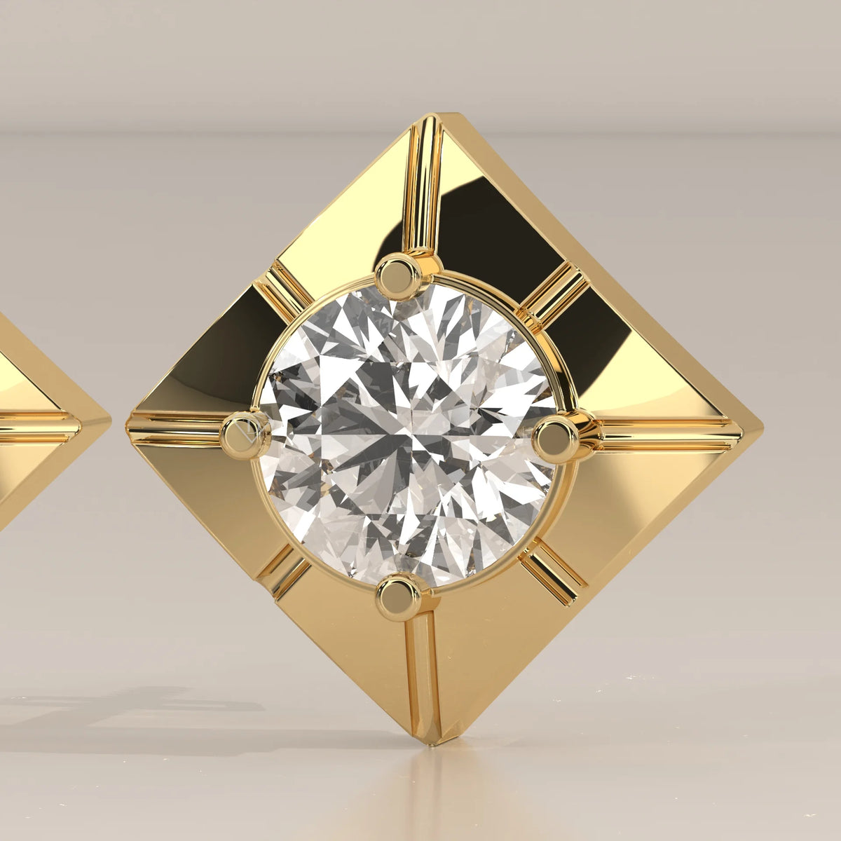 Round Lab Grown Diamond Studs on a Diamond Shaped Gold Plate in yellow gold, photographed head-on.