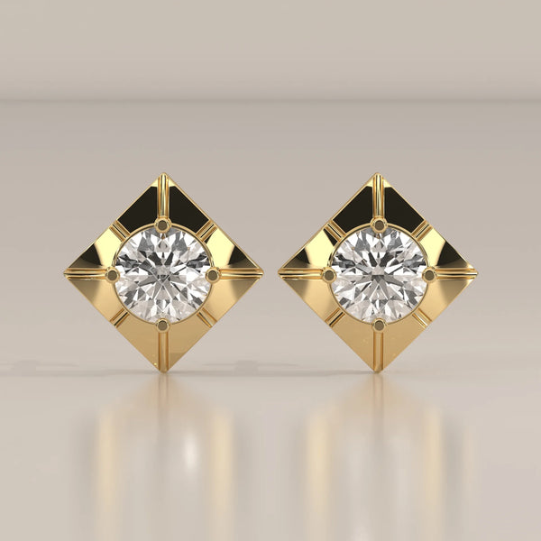 Round Lab Grown Diamond Studs on a Diamond Shaped Gold Plate in yellow gold, shown from the front.