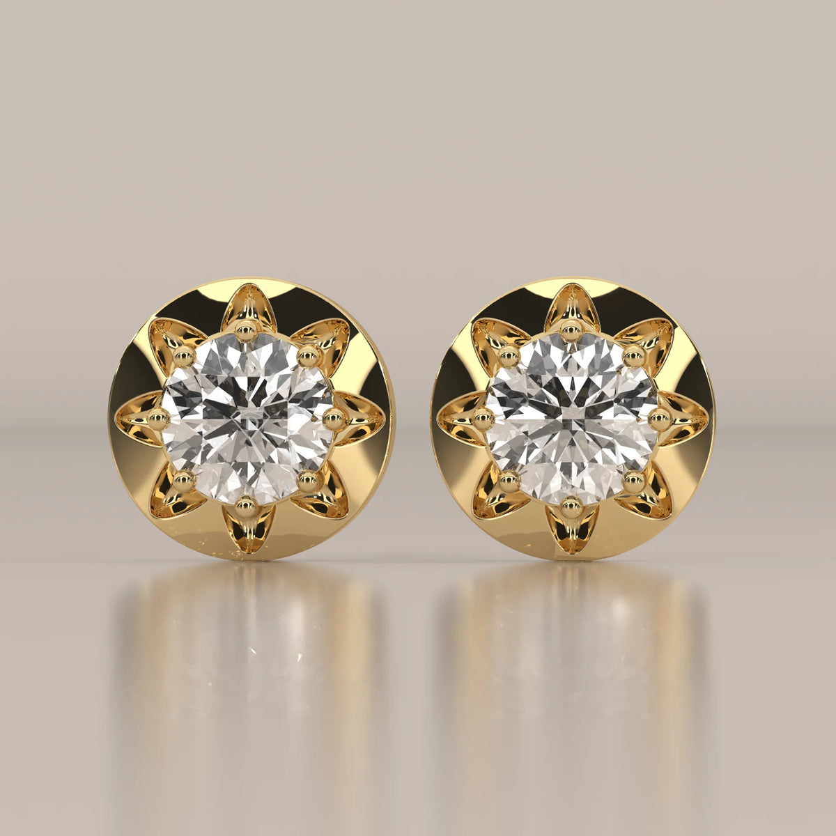 Round Lab Grown Diamond Studs in an Eight Claw Gold Disc Setting in yellow gold, shown from the front.