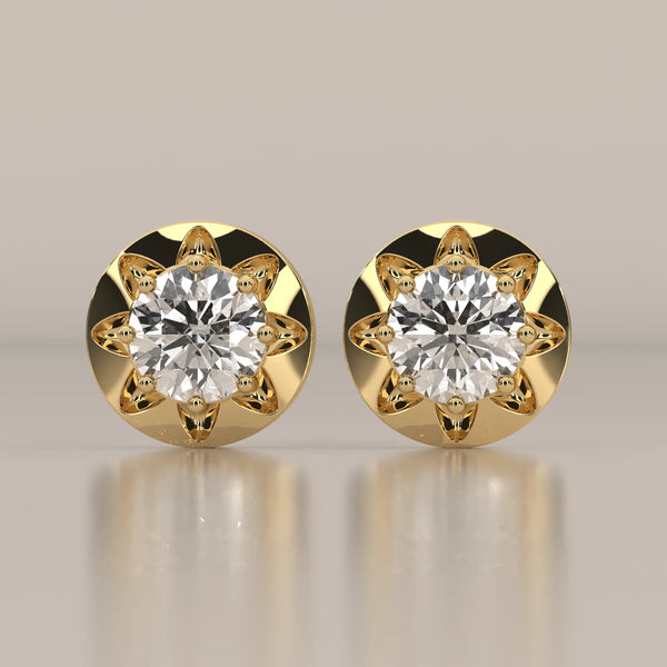 Round Lab Grown Diamond Studs in an Eight Claw Gold Disc Setting in yellow gold, shown from the front.