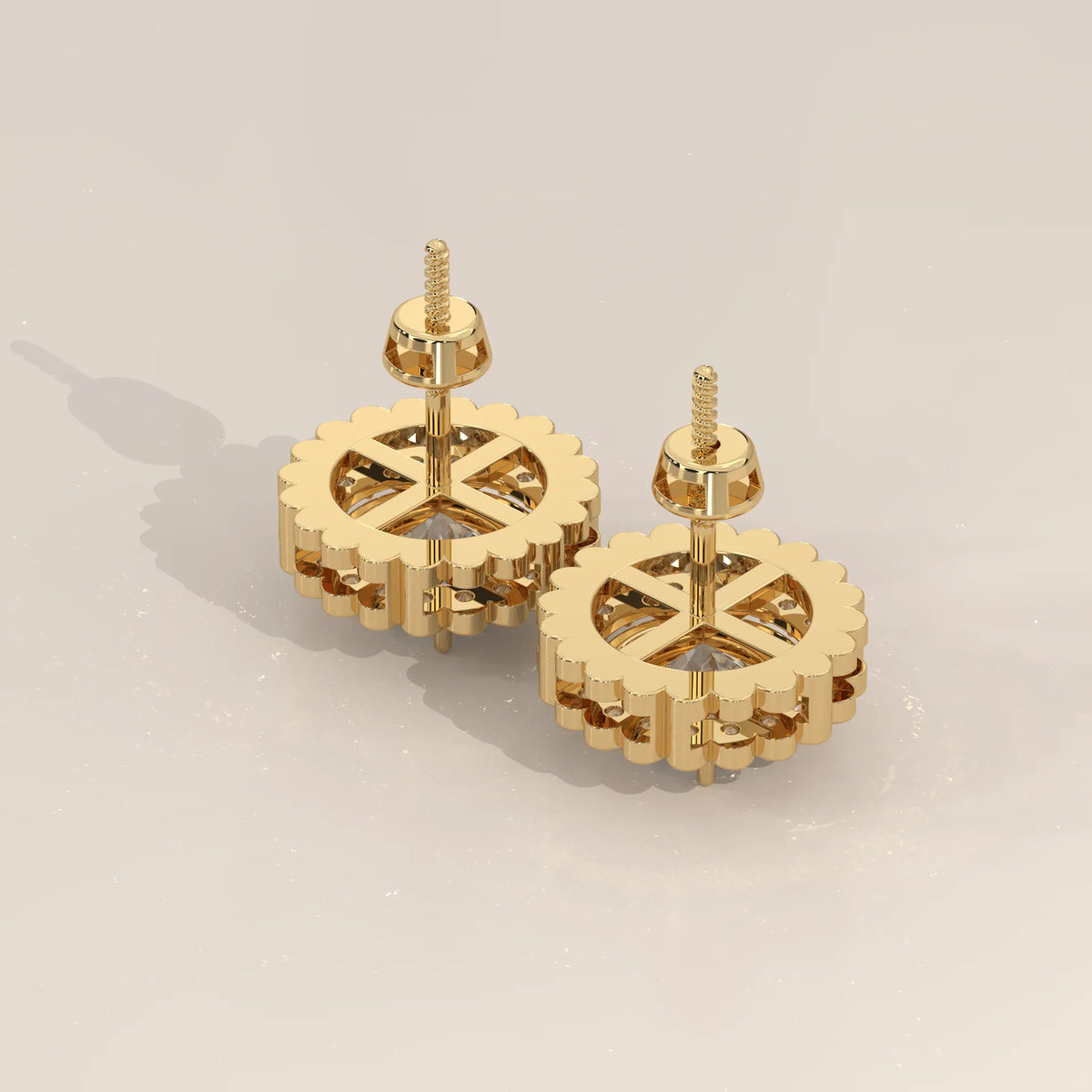 Round Lab Grown Diamond Studs in a Scalloped Flower Halo in yellow gold, product photograph on a plain background.