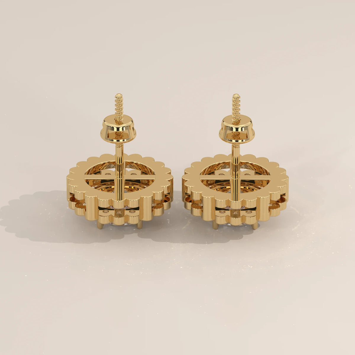 Round Lab Grown Diamond Studs in a Scalloped Flower Halo in yellow gold, studio photograph on a plain background.