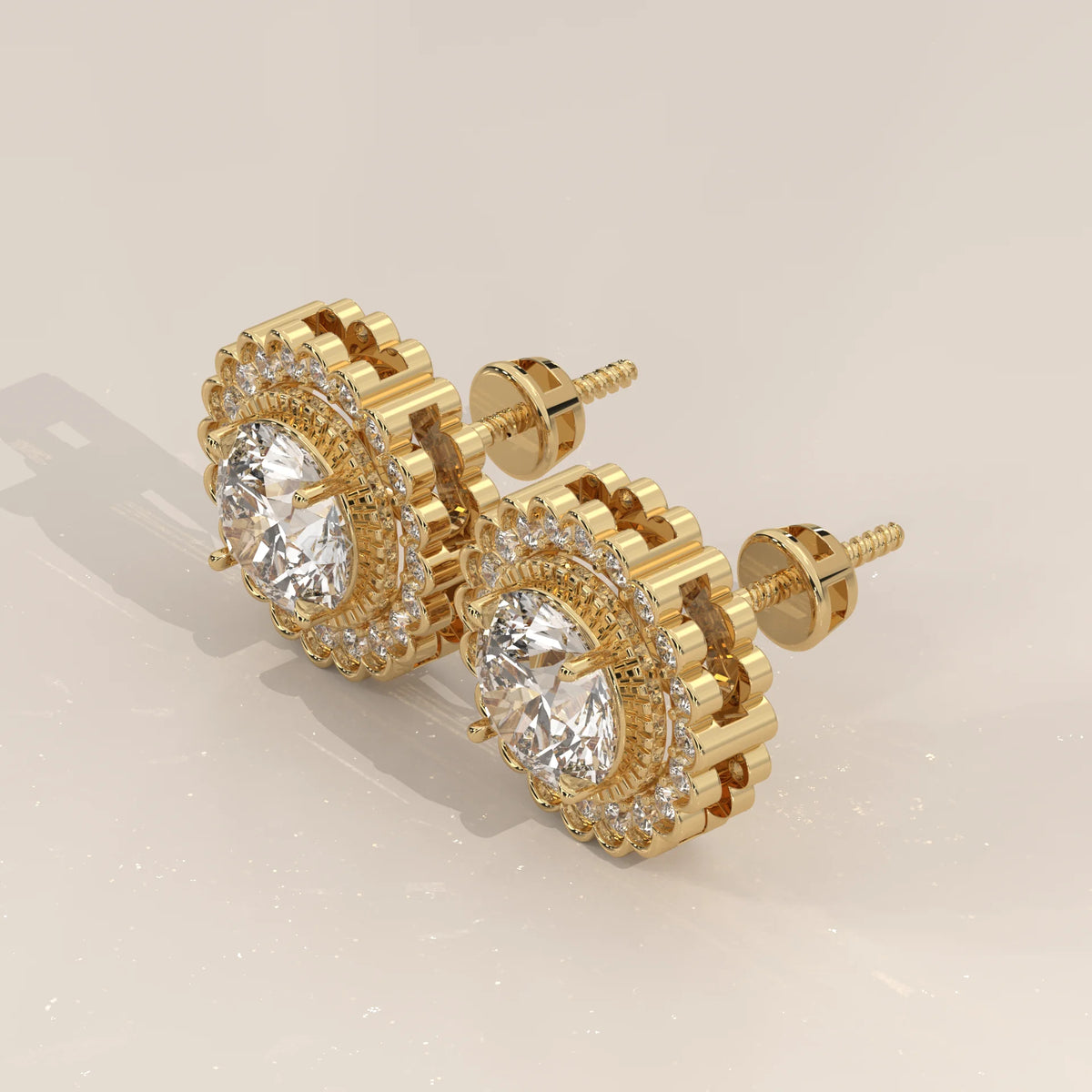 Round Lab Grown Diamond Studs in a Scalloped Flower Halo in yellow gold, photographed head-on.