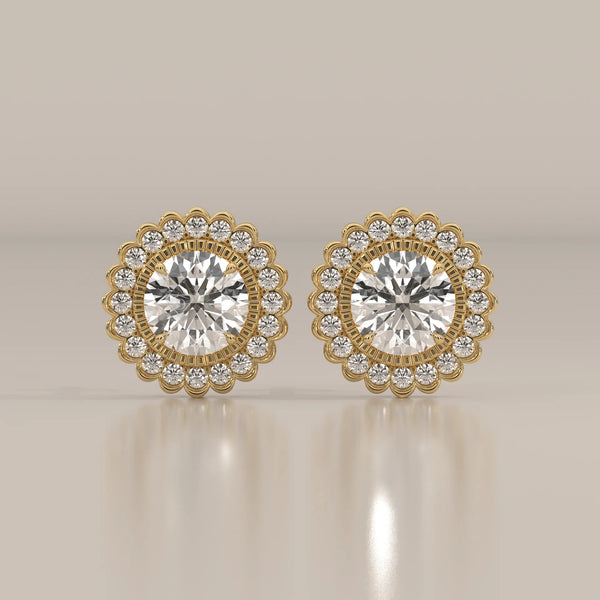 Round Lab Grown Diamond Studs in a Scalloped Flower Halo in yellow gold, shown from the front.
