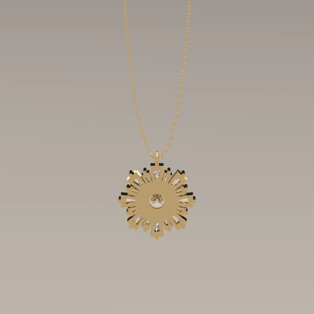 Round Lab Grown Diamond Sunburst Pendant with Tapered Baguette Rays in yellow gold, photographed head-on.