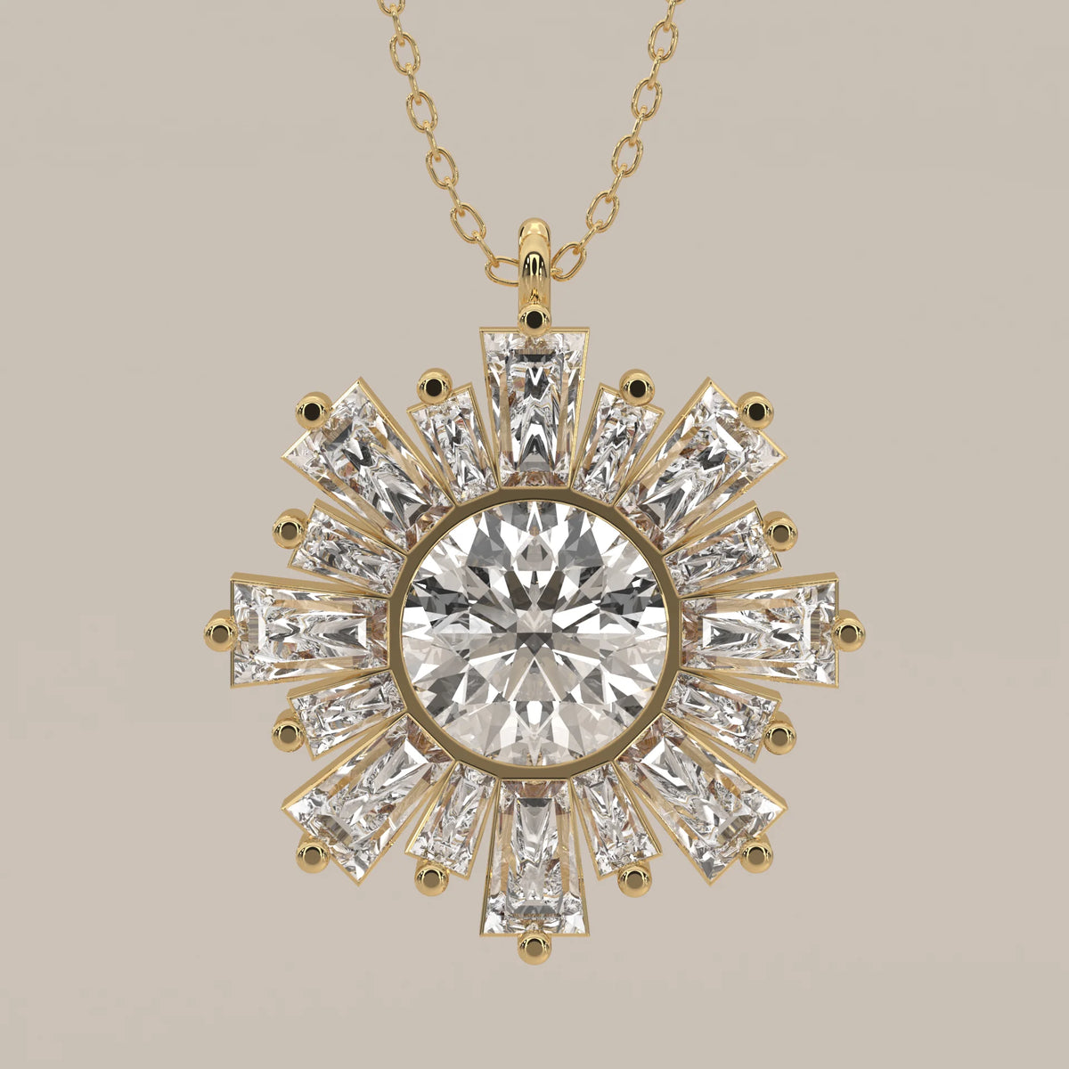 Round Lab Grown Diamond Sunburst Pendant with Tapered Baguette Rays in yellow gold, front view on a plain background.