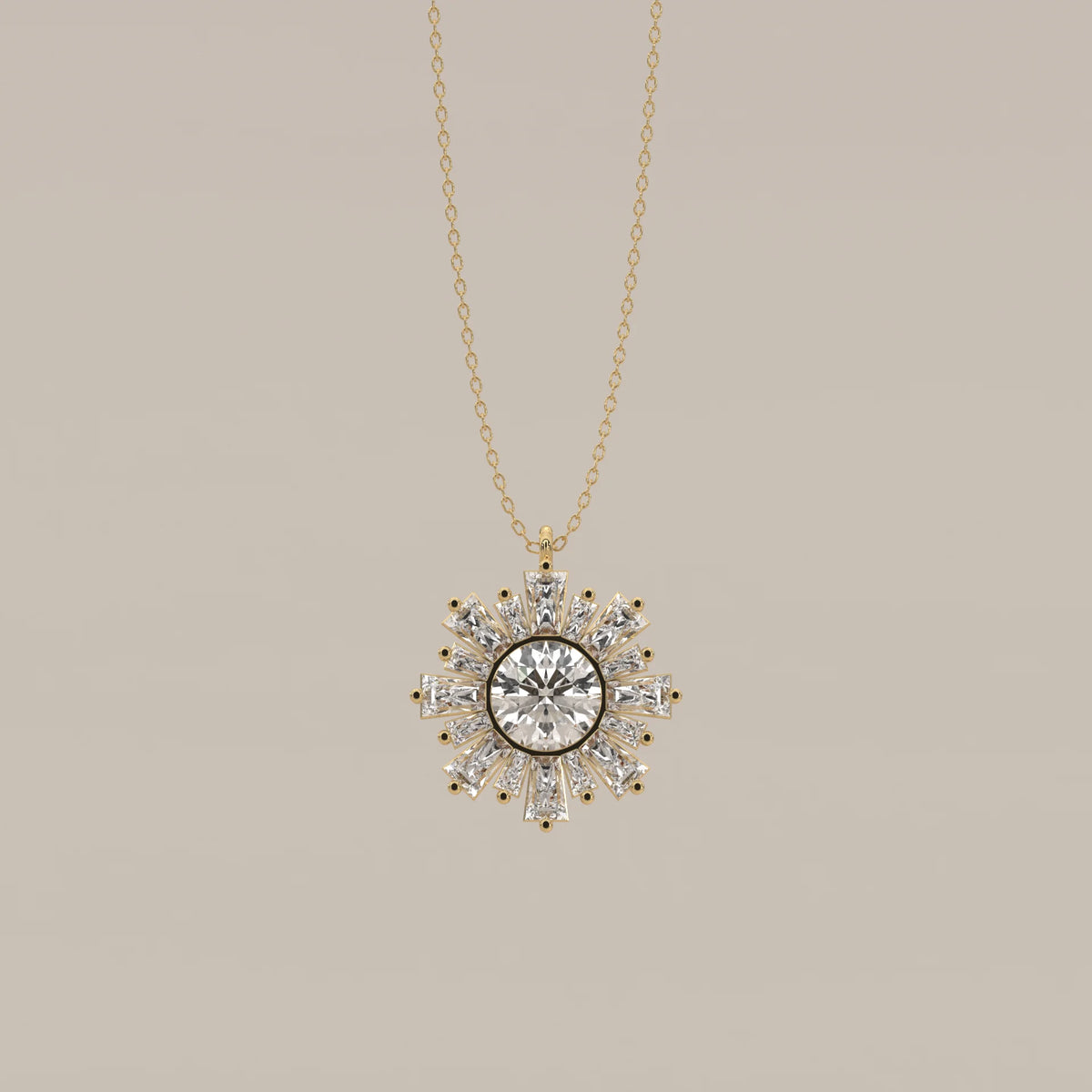 Round Lab Grown Diamond Sunburst Pendant with Tapered Baguette Rays in yellow gold, shown from the front.