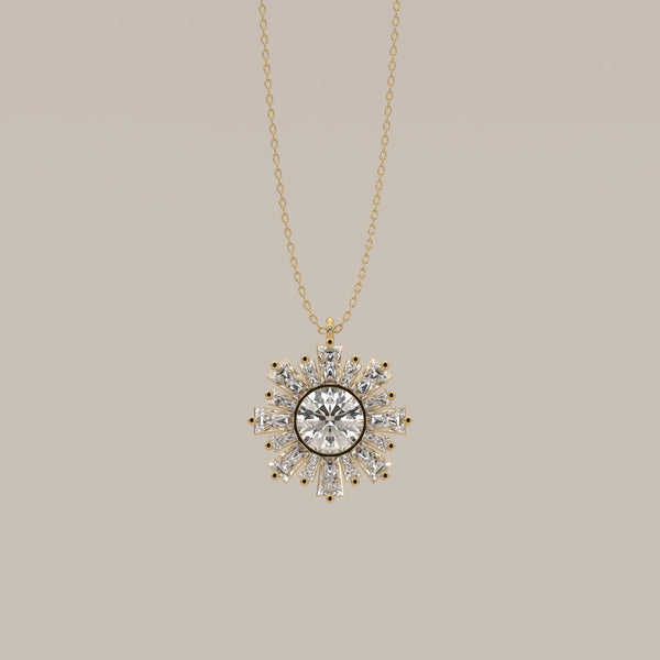 Round Lab Grown Diamond Sunburst Pendant with Tapered Baguette Rays in yellow gold, shown from the front.