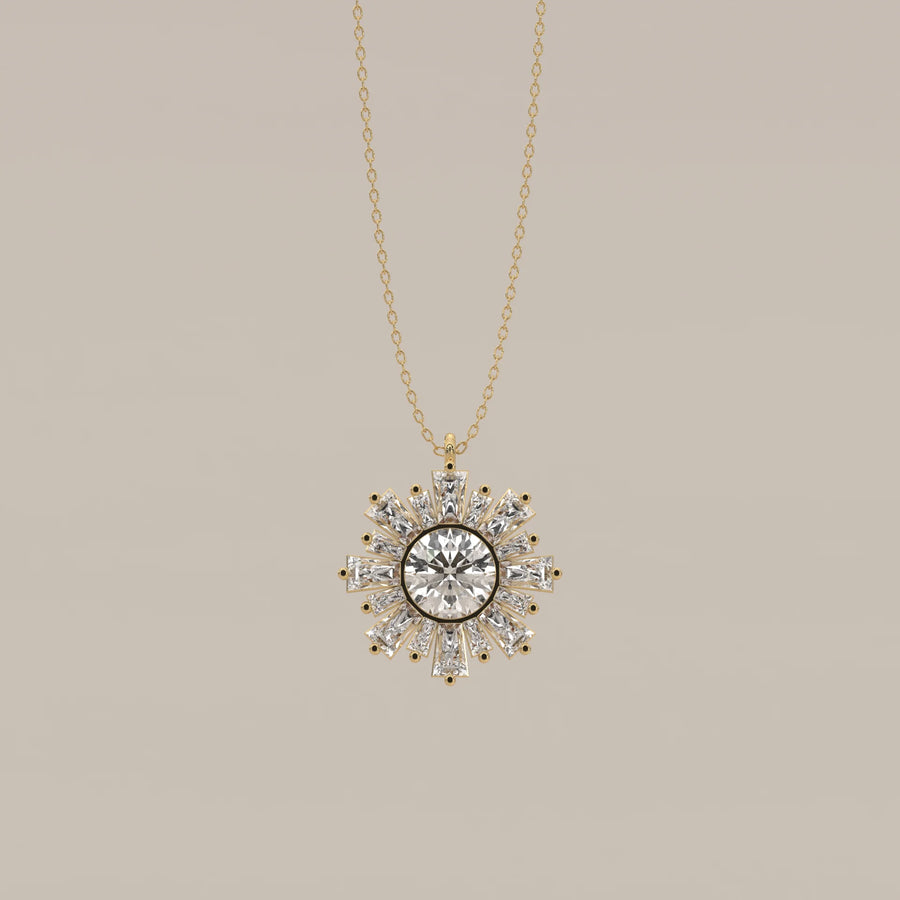 Round Lab Grown Diamond Sunburst Pendant with Tapered Baguette Rays in yellow gold, shown from the front.