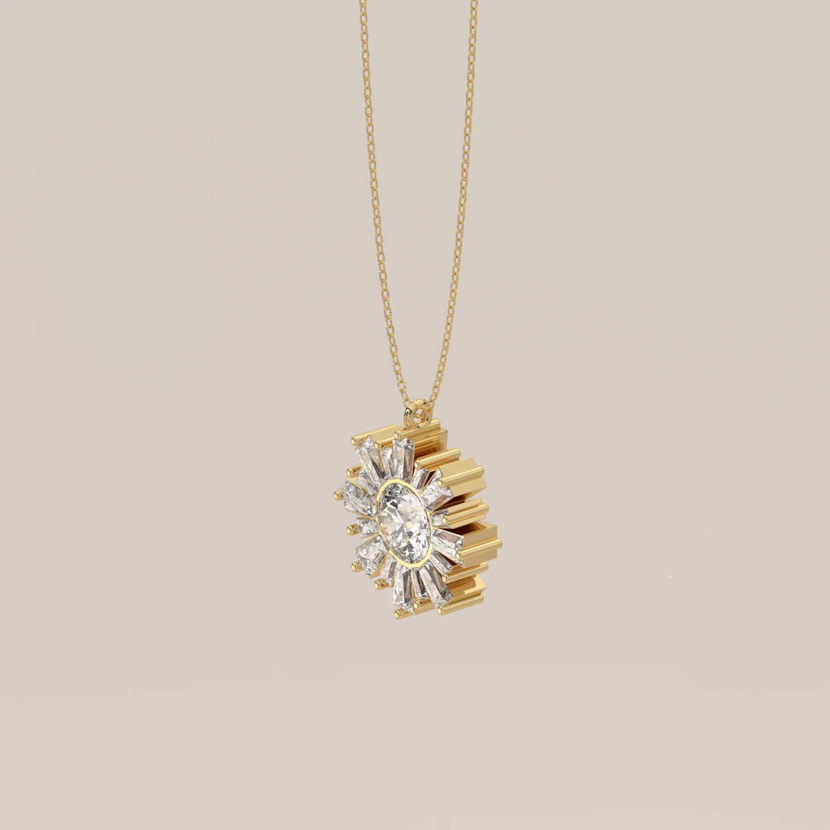 Round Lab Grown Diamond Sunburst Pendant with Tapered Baguette Rays in yellow gold, shown from the side.