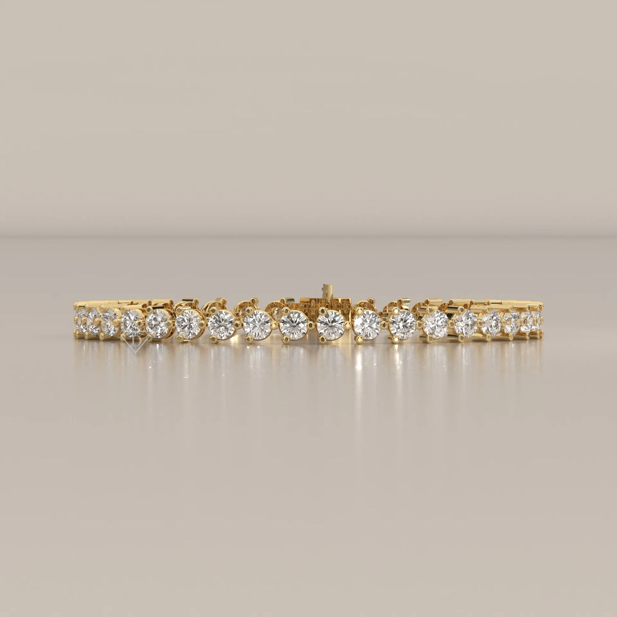 Round Lab Grown Diamond Tennis Bracelet in Three Prong Settings in yellow gold, shown from the front.