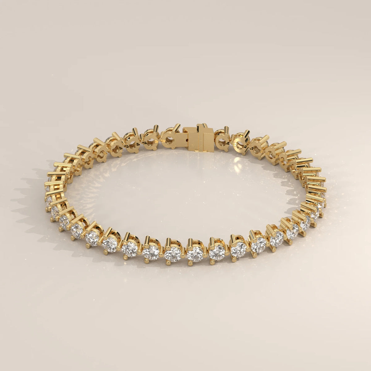 Round Lab Grown Diamond Tennis Bracelet in Three Prong Settings in yellow gold, shown from the side.