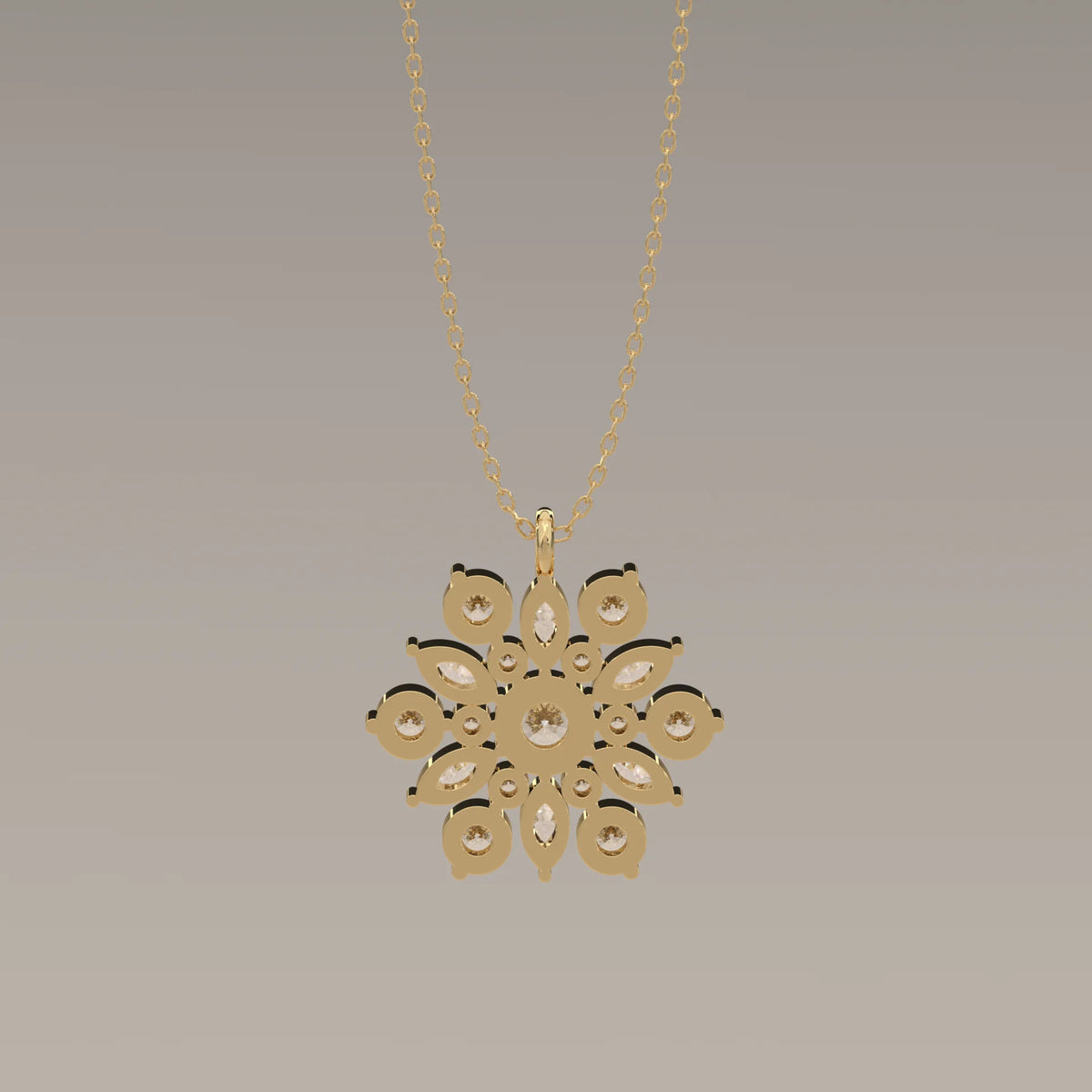 Round and Marquise Lab Grown Diamond Snowflake Cluster Pendant in yellow gold, photographed head-on.