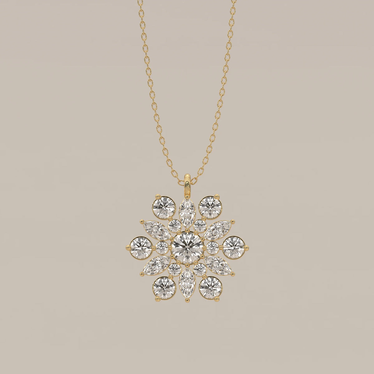 Round and Marquise Lab Grown Diamond Snowflake Cluster Pendant in yellow gold, shown from the front.