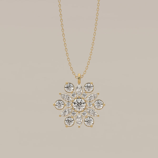 Round and Marquise Lab Grown Diamond Snowflake Cluster Pendant in yellow gold, shown from the front.