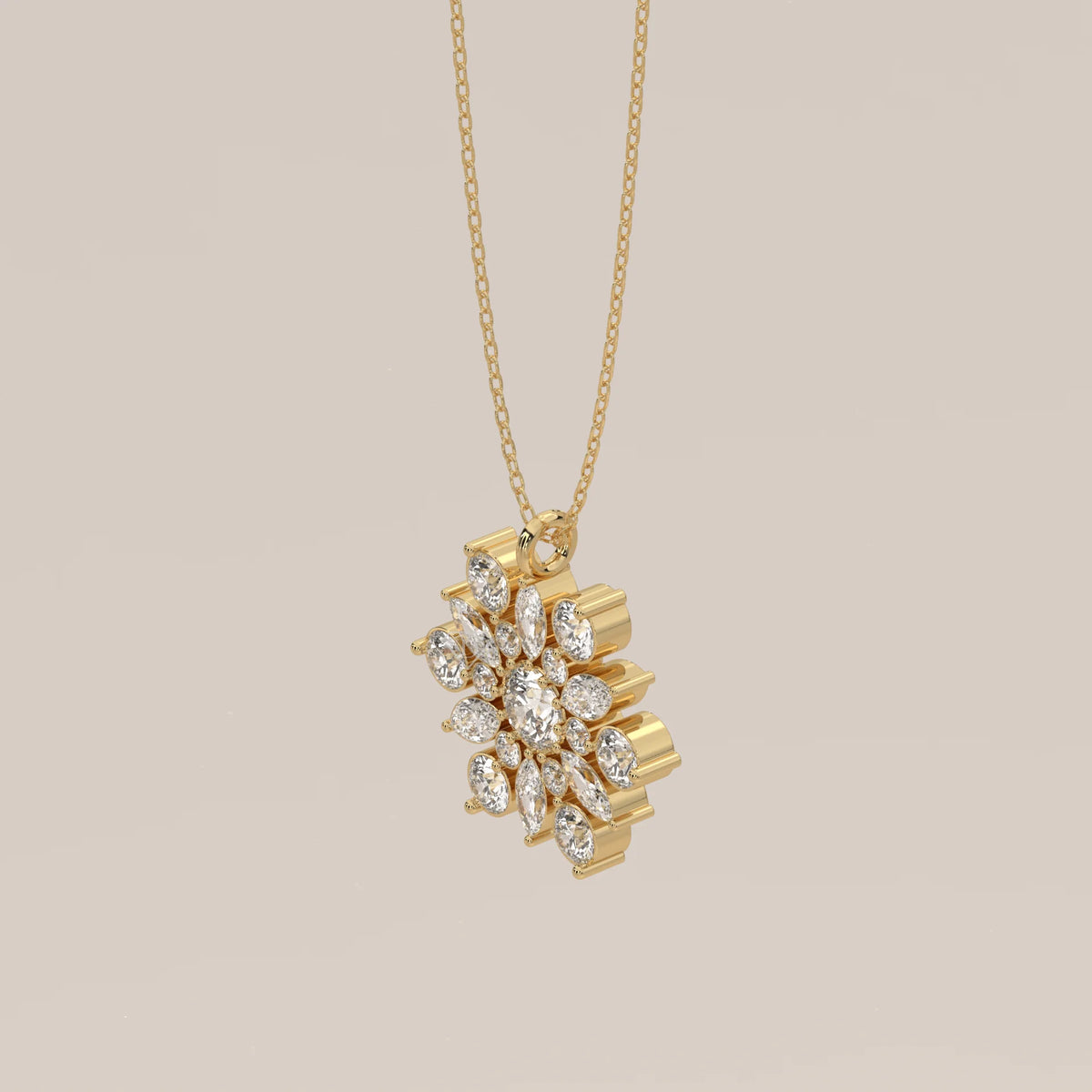 Round and Marquise Lab Grown Diamond Snowflake Cluster Pendant in yellow gold, shown from the side.