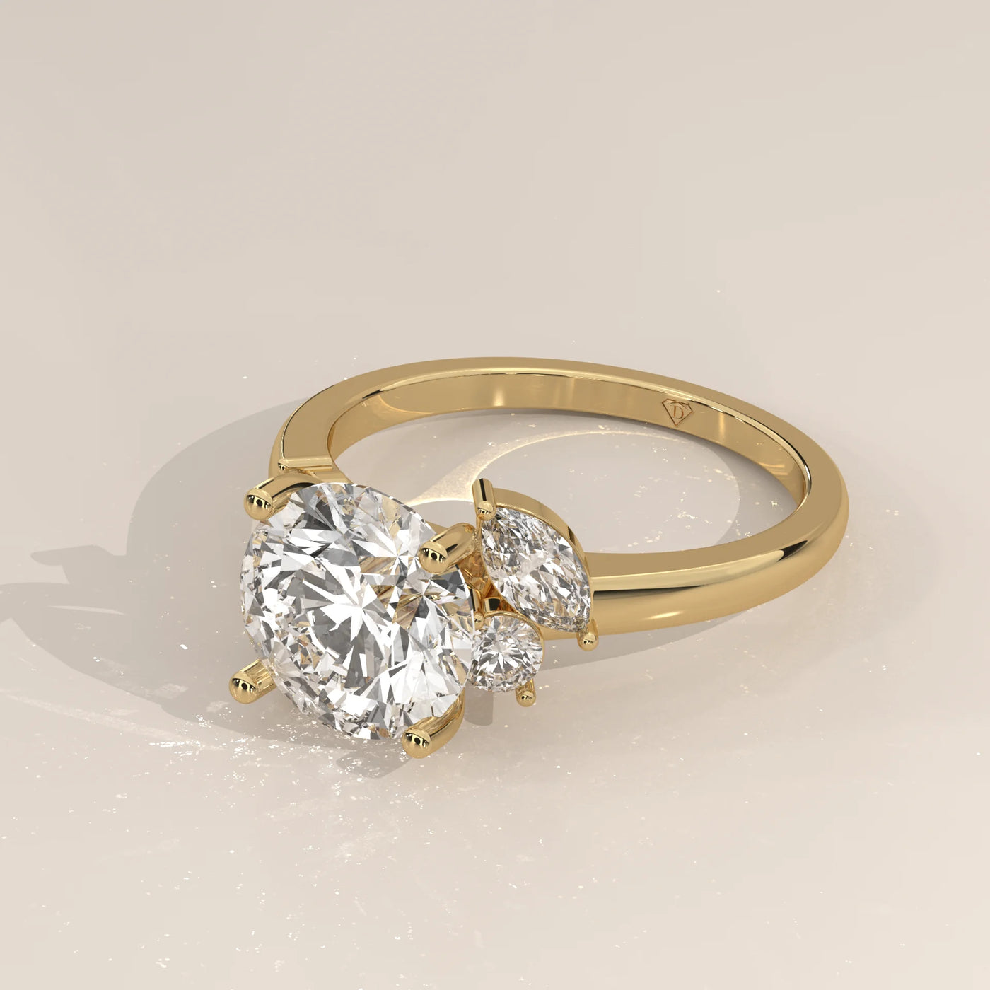 Angle View: Round Diamond Ring with Three-Stone Setting in Yellow Gold – Lab Grown – Driona Jewels