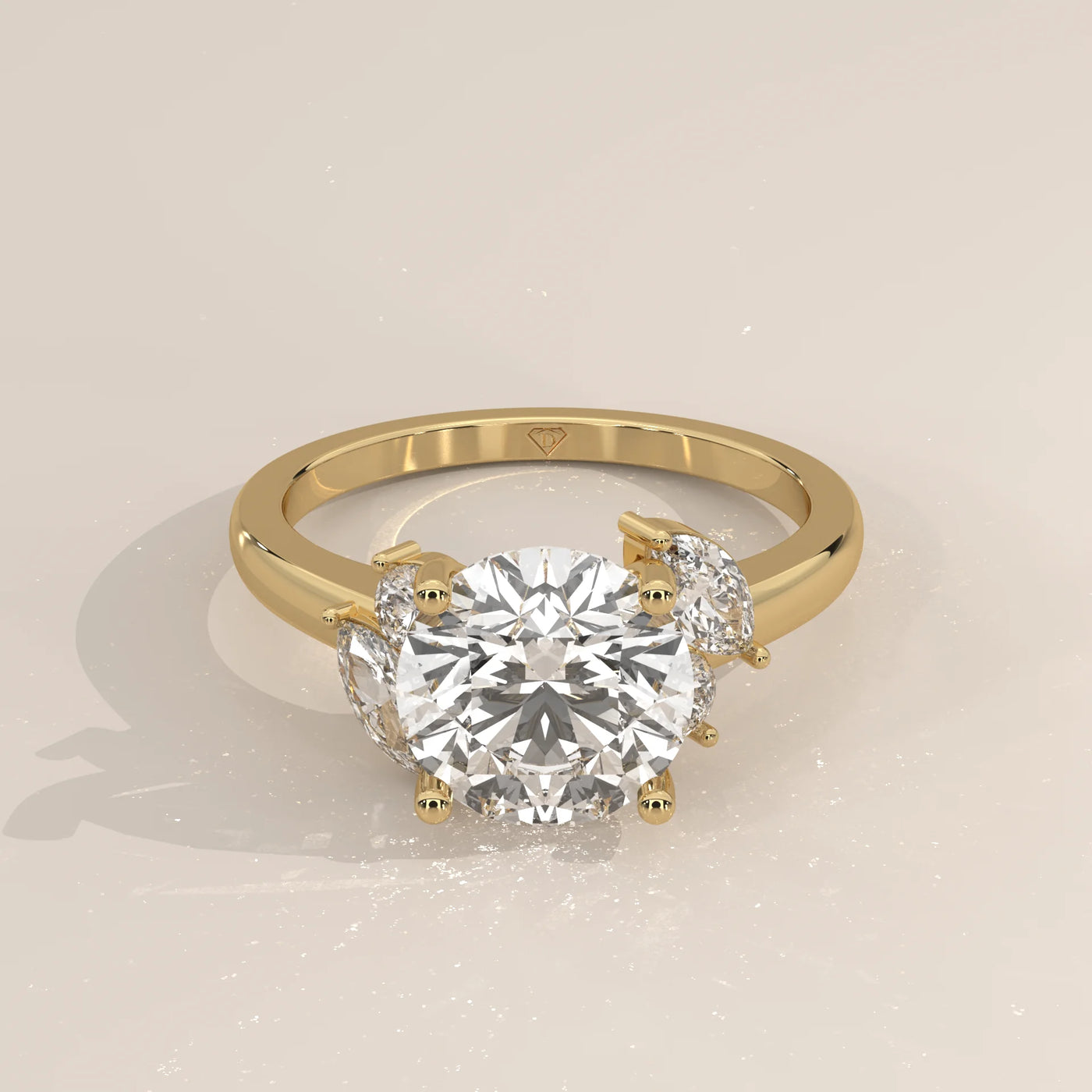 Three-Quarter View: Round Diamond Ring with Three-Stone Setting in Yellow Gold – Lab Grown – Driona Jewels