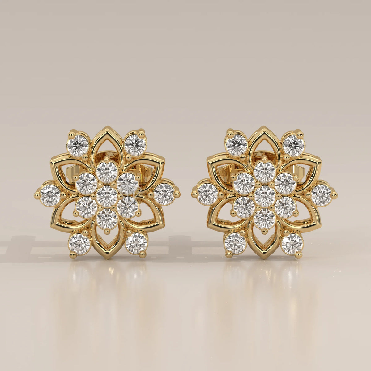 Front View: Round Diamond Stud Earrings with Cluster Setting in Yellow Gold – Lab Grown – Driona Jewels
