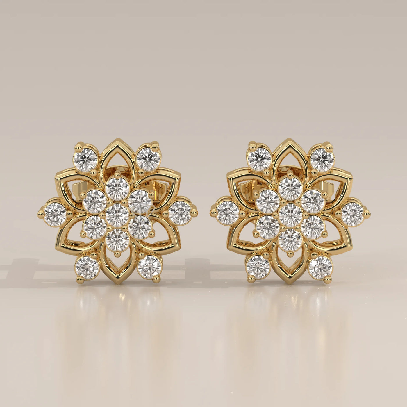 Front View: Round Diamond Stud Earrings with Cluster Setting in Yellow Gold – Lab Grown – Driona Jewels