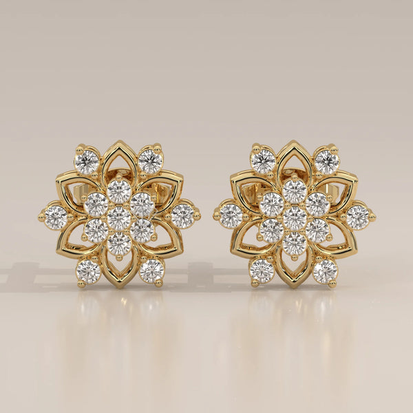 Front View: Round Diamond Stud Earrings with Cluster Setting in Yellow Gold – Lab Grown – Driona Jewels