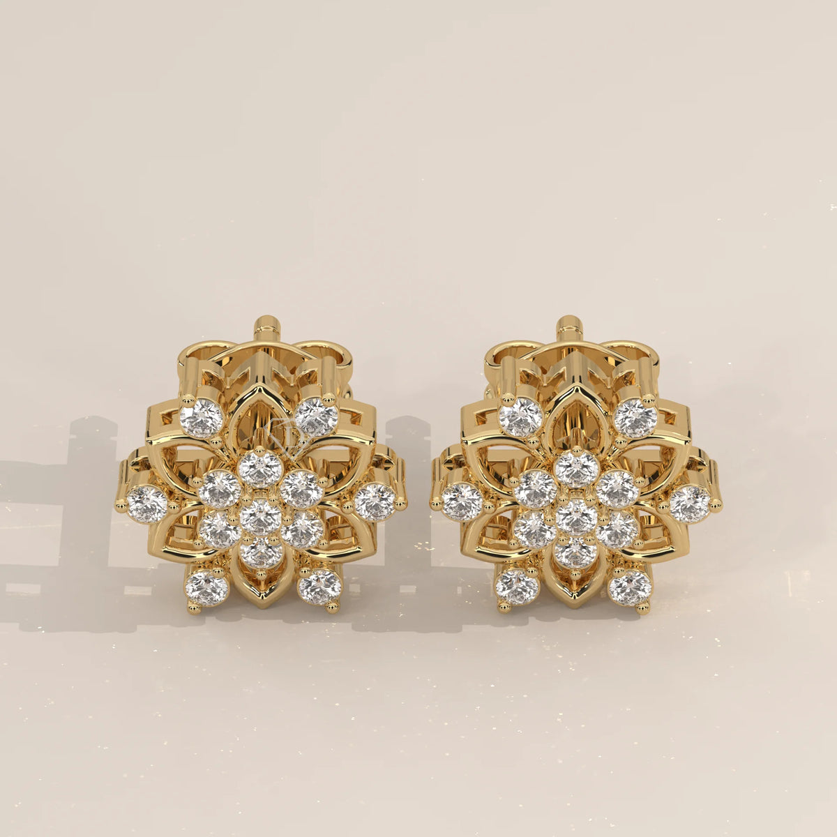 Pair Front View: Round Diamond Stud Earrings with Cluster Setting in Yellow Gold – Lab Grown – Driona Jewels