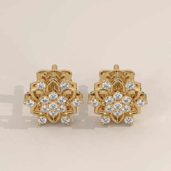 Pair Front View: Round Diamond Stud Earrings with Cluster Setting in Yellow Gold – Lab Grown – Driona Jewels