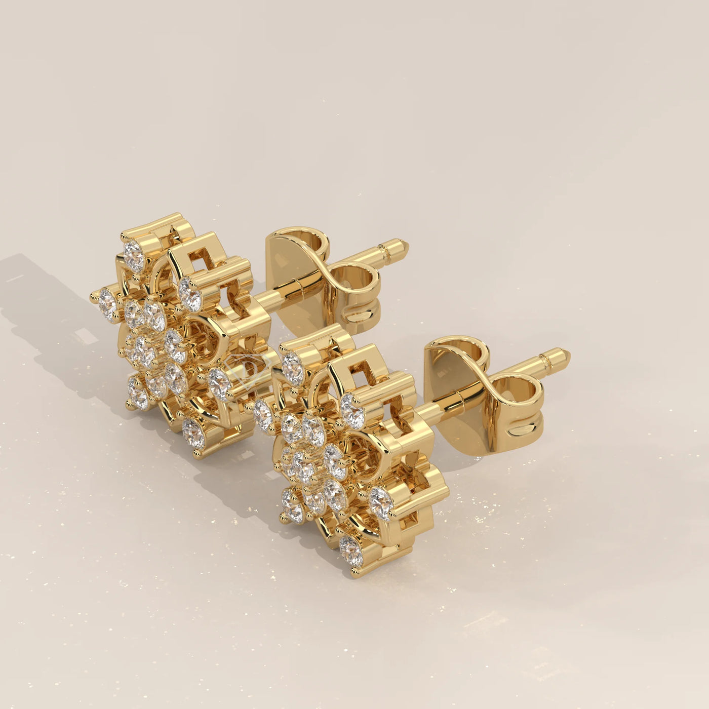 Three-Quarter View: Round Diamond Stud Earrings with Cluster Setting in Yellow Gold – Lab Grown – Driona Jewels