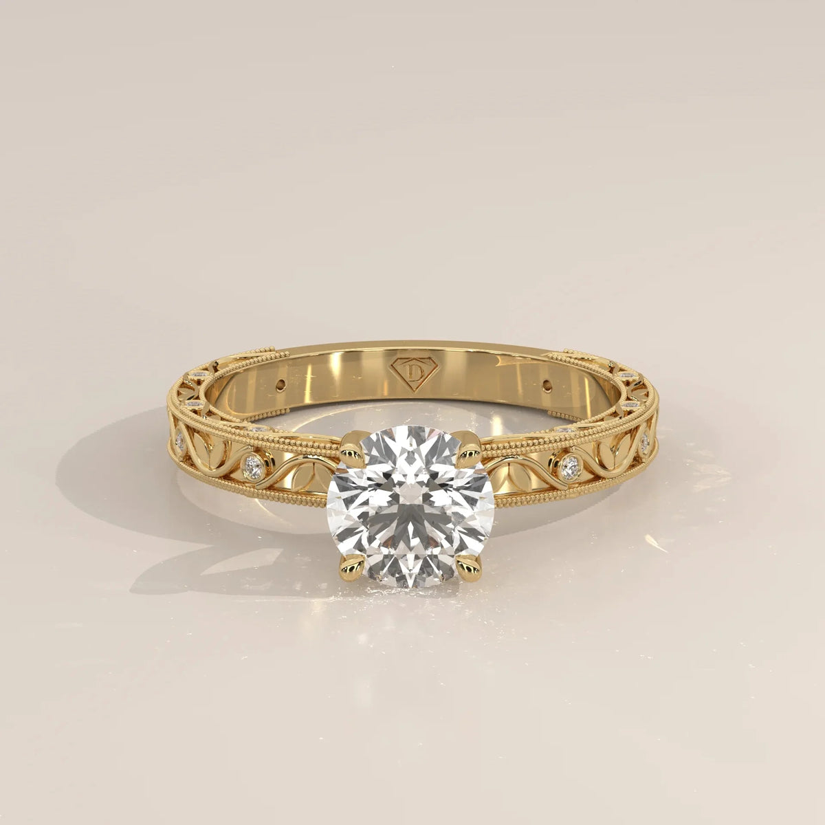 Angle View: Round Diamond Ring with Openwork Setting in Yellow Gold – Lab Grown – Driona Jewels