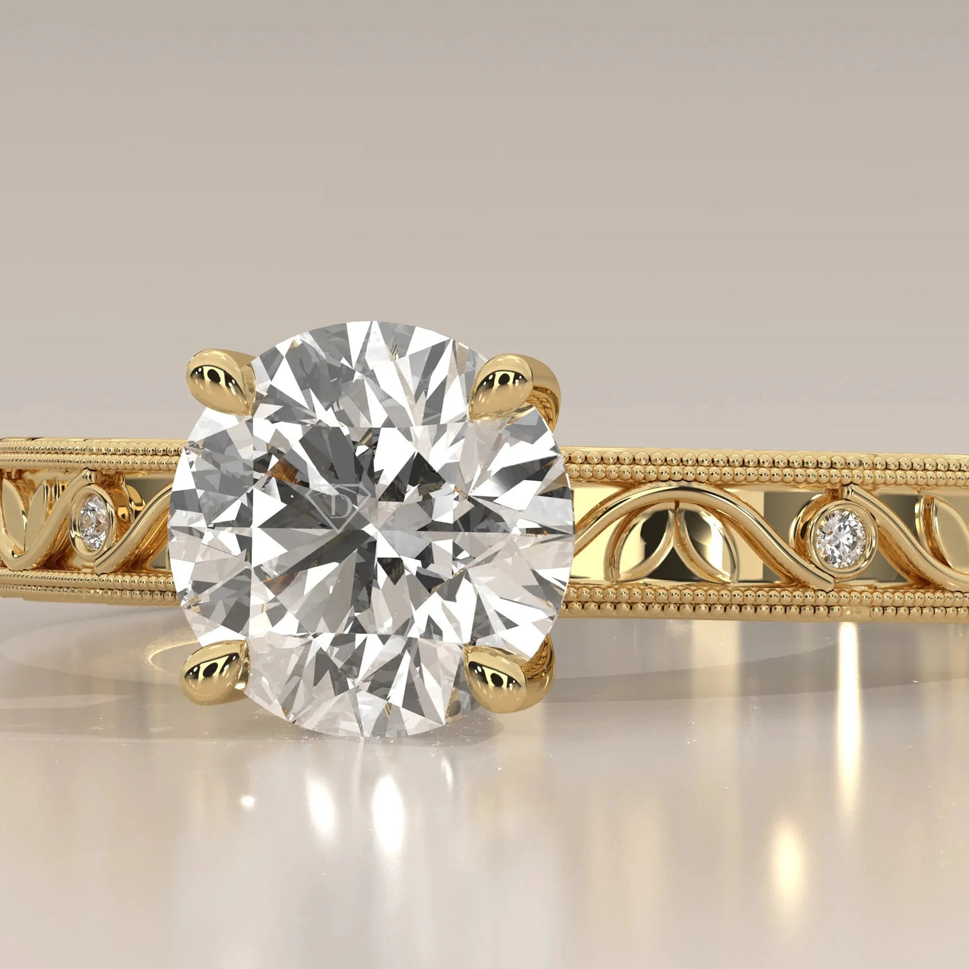Front View: Round Diamond Ring with Openwork Setting in Yellow Gold – Lab Grown – Driona Jewels