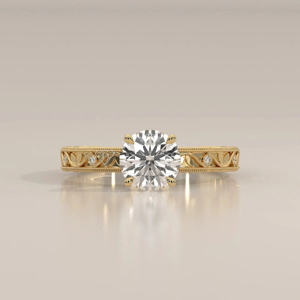 Front View: Round Diamond Ring with Openwork Setting in Yellow Gold – Lab Grown – Driona Jewels