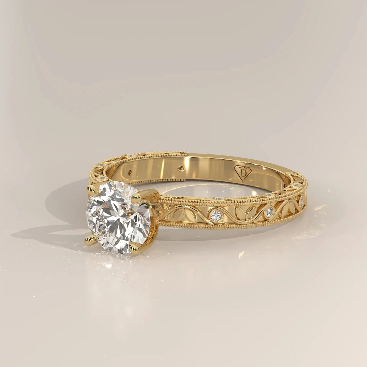 Side Profile: Round Diamond Ring with Openwork Setting in Yellow Gold – Lab Grown – Driona Jewels