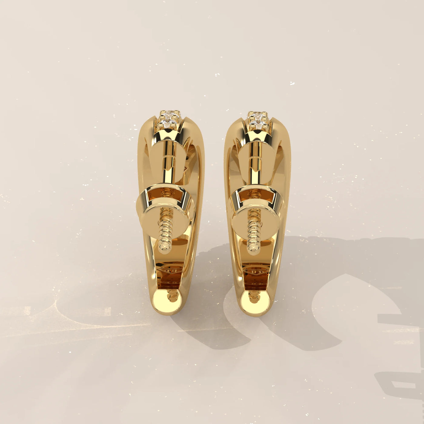 Back View: Round Diamond Huggie Hoop Earrings with Pavé Setting in Yellow Gold – Lab Grown – Driona Jewels