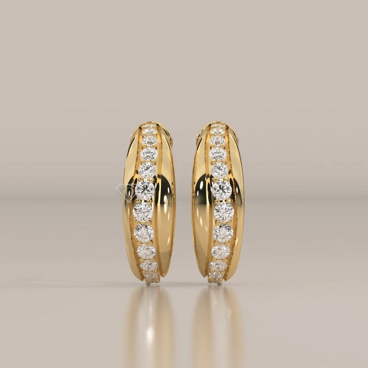 Front View: Round Diamond Huggie Hoop Earrings with Pavé Setting in Yellow Gold – Lab Grown – Driona Jewels