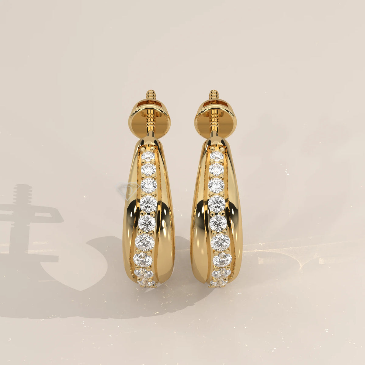 Pair Front View: Round Diamond Huggie Hoop Earrings with Pavé Setting in Yellow Gold – Lab Grown – Driona Jewels