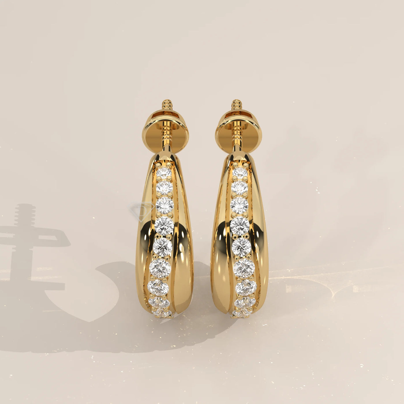 Pair Front View: Round Diamond Huggie Hoop Earrings with Pavé Setting in Yellow Gold – Lab Grown – Driona Jewels