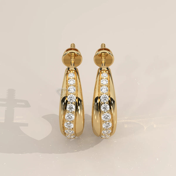 Pair Front View: Round Diamond Huggie Hoop Earrings with Pavé Setting in Yellow Gold – Lab Grown – Driona Jewels