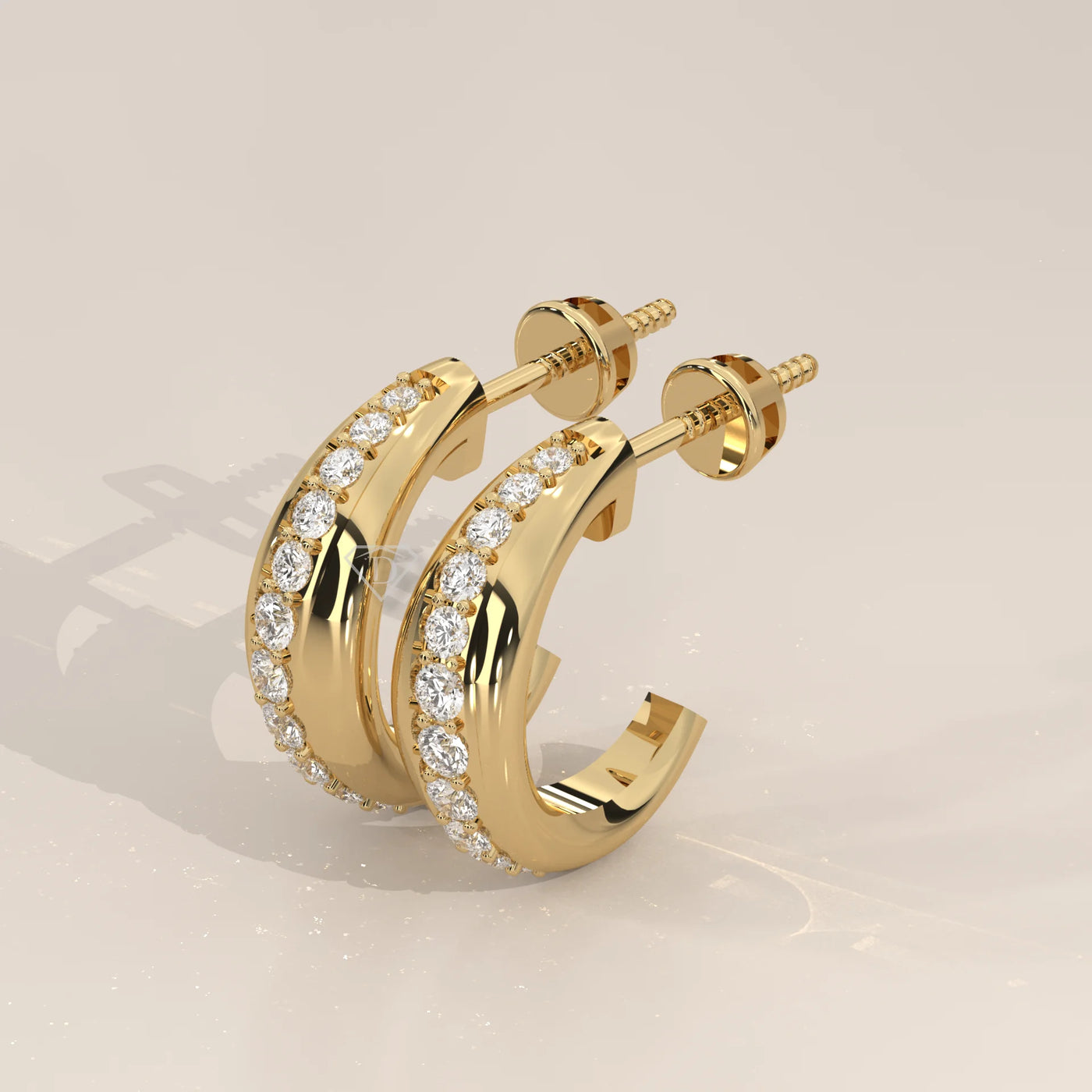 Three-Quarter View: Round Diamond Huggie Hoop Earrings with Pavé Setting in Yellow Gold – Lab Grown – Driona Jewels