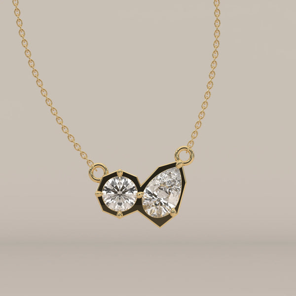 Round and Pear Lab Grown Diamond Geometric Frame Bar Pendant in yellow gold, shown from the front.