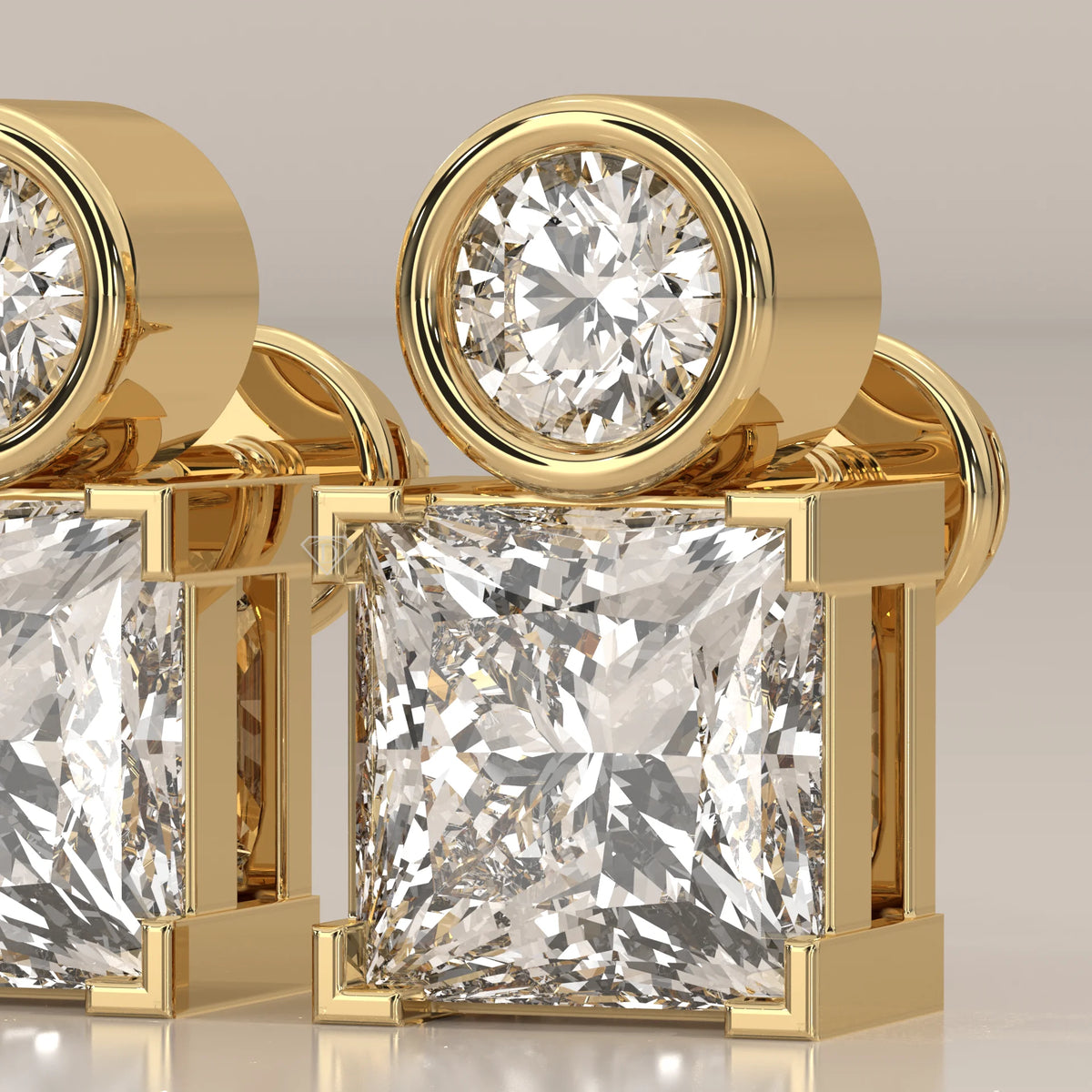Round and Princess Two Stone Lab Grown Diamond Stud Earrings in yellow gold, front view on a plain background.