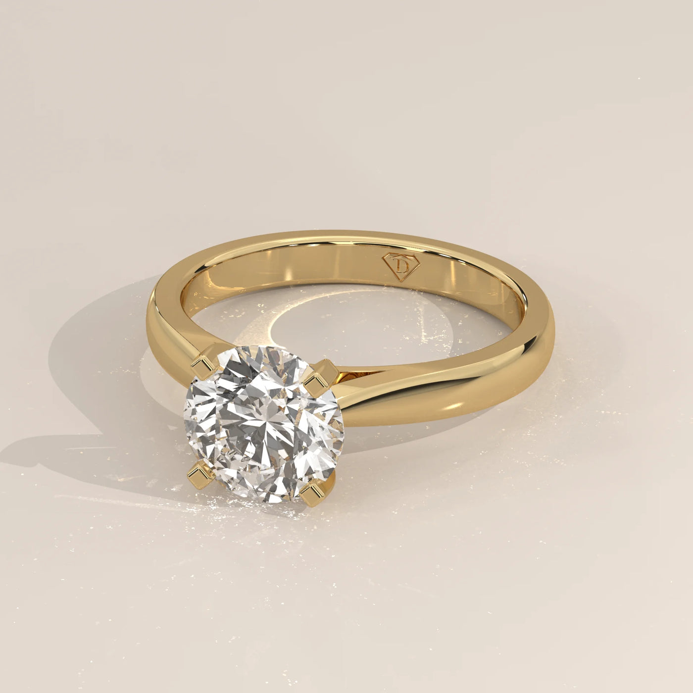Angle View: Round Diamond Engagement Ring with Solitaire Setting in Yellow Gold – Lab Grown – Driona Jewels