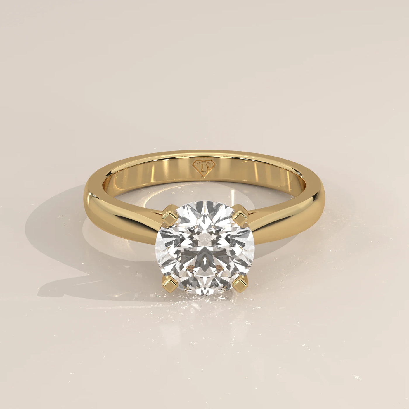 Three-Quarter View: Round Diamond Engagement Ring with Solitaire Setting in Yellow Gold – Lab Grown – Driona Jewels